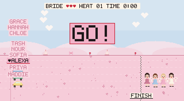 The big screen mid-race: little pixel cars in pink, blue, green and yellow racing toward the bridesmaids, with a yes-or-no question about the bride in a banner above.